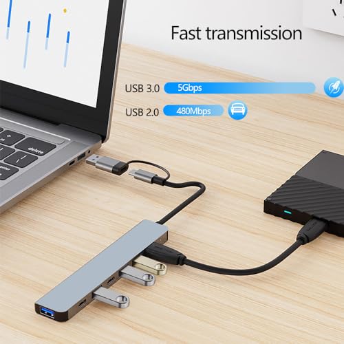 Hub USB C, extensor USB 7 em 1 de alumínio, divisor USB com 1 USB 3.0, 4 portas USB 2.0 e 2 portas U
