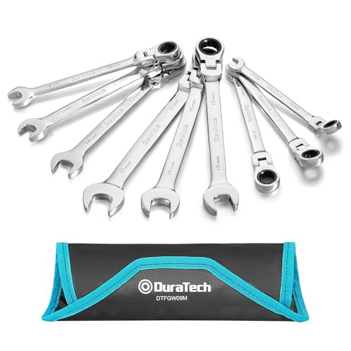 DURATECH Jeu de 9 Clés À Cliquet à Tête Flexible, Clés Mixtes, 72 Dents, Métriques 8–17 mm, Acier CR-V, avec Pochette de Rangement