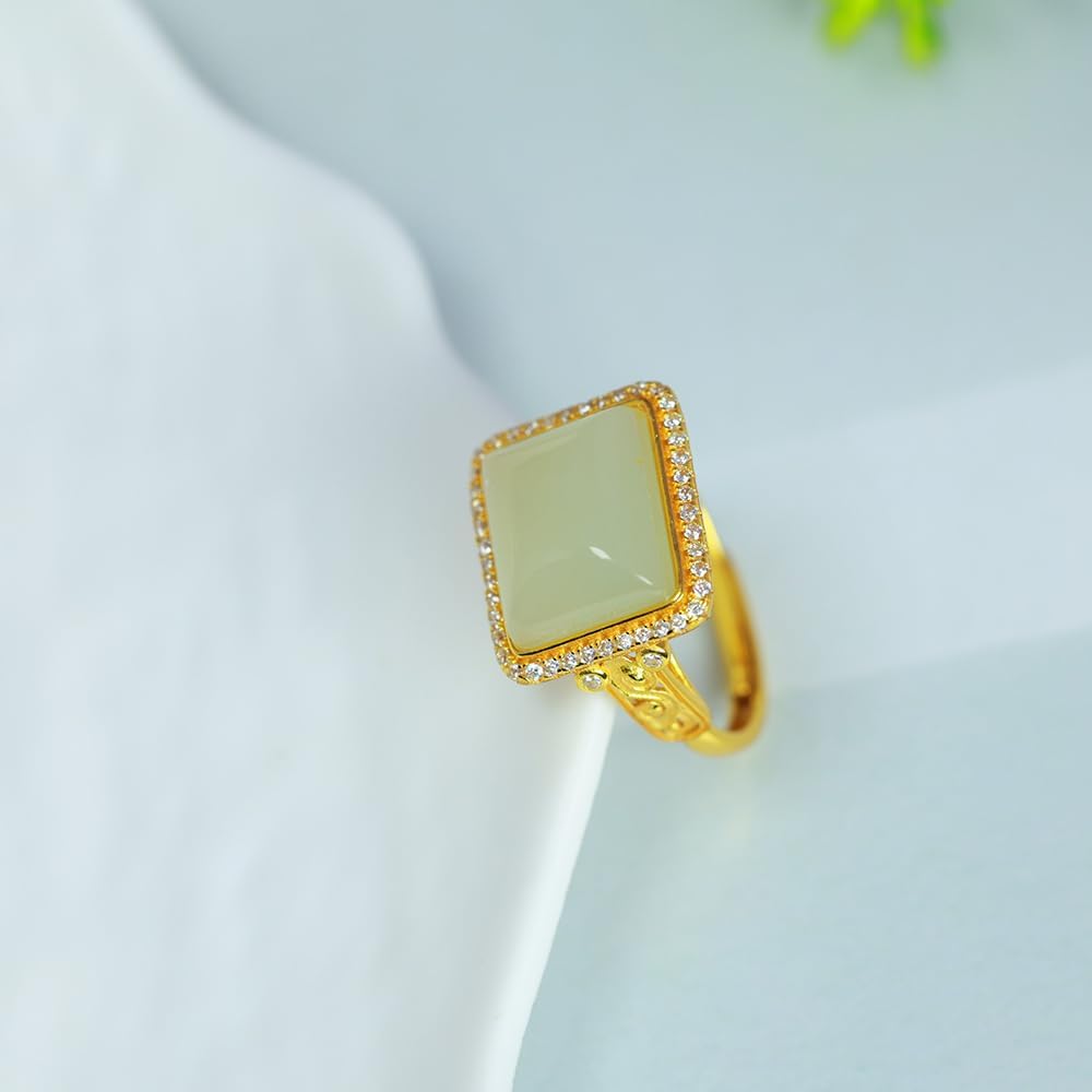 S925 Silver-Inlaid Natural Cyan White Jade Square Ring Opening Adjustable Including Certificate