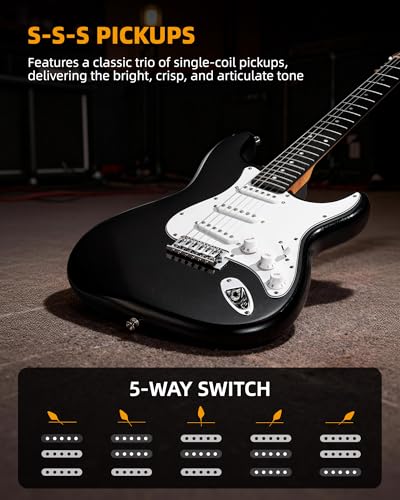 Image of LEKATO Beginner Electric Guitar Kit 39 Inch Full Size Solid Body Guitar SSS for Starter Roasted Maple Neck Stainless Steel Frets, 5w Plug-in Amp, Bag, Tuner, Capo, Strap, Picks, String, Cable - Black