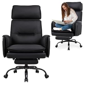 IWMH Ergonomischer Bürostuhl 227kg, XXL Kunstleder Chefsessel mit Fußstütze Schreibtischstuhl mit höhenverstellbare Kopfstütze,135° Neigefunktion,Drehstuhl für Homeoffice,Gaming (Schwarz)