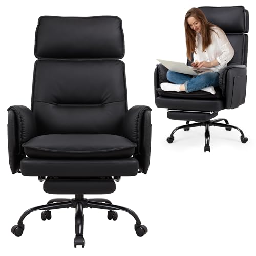 IWMH Ergonomischer Bürostuhl 227kg, XXL Kunstleder Chefsessel mit Fußstütze Schreibtischstuhl mit höhenverstellbare Kopfstütze,135° Neigefunktion,Drehstuhl Wippfunktion für Homeoffice,Gaming (Schwarz)