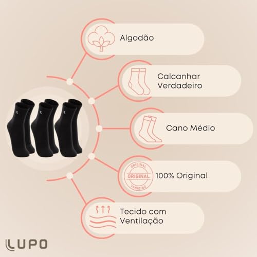 Kit 06 Pares Meia Lupo Sport Cano Médio Algodão Adulto