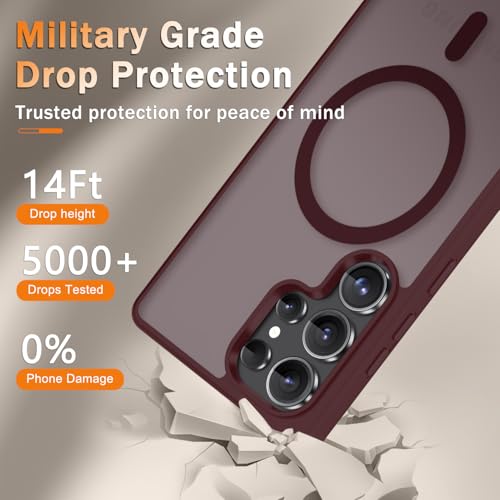 Image of for Samsung Galaxy S25 Ultra Case, Matte Magnetic Phone Cover, Wine Red | Fit for MagSafe, Screen Protector included, Shockproof Military Grade Protection, Translucent Frosted Back