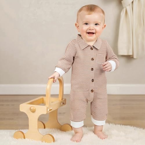 Newborn Baby Boy Clothes Stripe Collared Romper Waffle Knit Long Sleeve Button Up Jumpsuit Bodysuit Fall Winter Outfit3