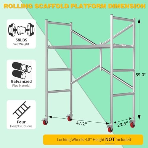 Image of Scaffolding Work Platform, Rolling Scaffolding with Wheels, Scaffold for Building Construction, Interior Painting, Home Improvement（59.0 inch Height, 500LBS Capacity, Silver)