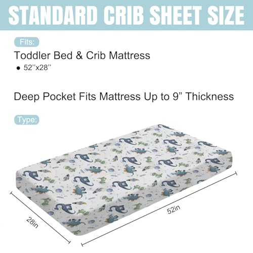 Image of Watercolor Space Dinosaurs Baby Crib Sheet 52''x28'' Cute Dinosaur Rockets Planet Stars Leaves Snug Fitted Crib Mattress Cover for Boy Girl Soft Baby Bed Sheet for Standard Crib and Toddler Mattress