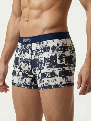 Image of BONO Mens Trunks Pack of 2 Cotton Underwear Breathable Printed Anti-Bacterial Underwear Men Trunk with No Marks Nylon Buffed Stretchable Waistband