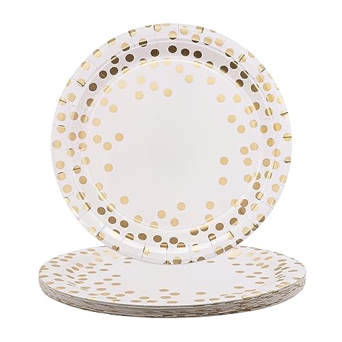 TOPWAYS Disposable Paper Plates, 9inch 25Pcs White Champagne Gold Dot Large Paper Plates Party Tableware Dinnerware Disposable Dish Platess for Weddings Birthday Engagement Christmas BBQ Picnics