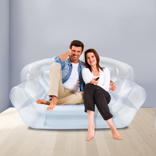 Image of Transparent Clear Inflatable Sofa Seat Couch, Twin Size Air Mattress Inflatable Sofa, Double Inflatable Chair Air Sofa, Portable Blow Up Couch for Indoor, Outdoor, Camping, Beach, Patio, Yard