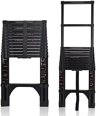 3.8m Telescopic Ladder, Light Extension Ladder Aluminum, Free Height Adjustment, Solid Double Lock Catch, 13 Steps, Maximum Load Capacity 150kg, Black