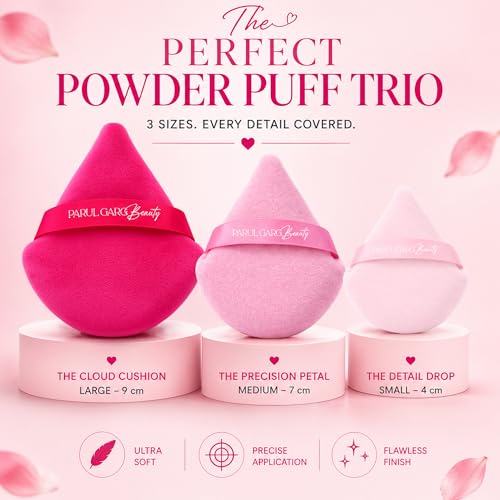 Image of Parul Garg Beauty Makeup Puff Trio | Powder Pizza Puff with Strap Soft Dual Texture | Reusable Face Puff, Cosmetic Sponges for Loose & Compact Powder Application | Triangle puff for Makeup Sponges Gift Set Woman