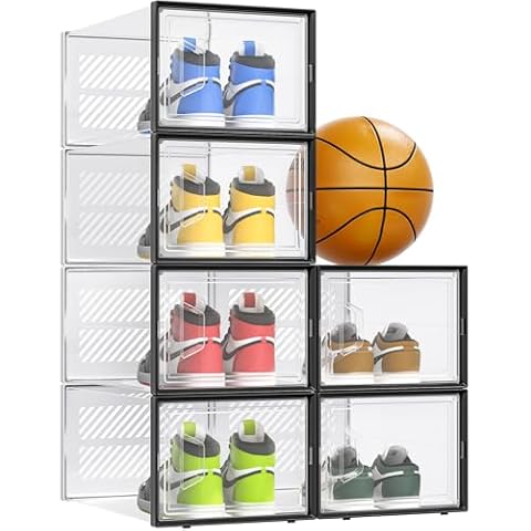 Kuject XX-Large Highly Transparent Shoe Storage Organizer with Interlocking Design, Color Block Black & White Shoe Boxes Plastic Stackable for Sneaker, Fit up to US Size 13(14.41"x 9.88"x7.28") Cover