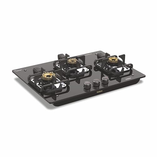 Image of Vidiem Vogue V1 3 -Burner Gas Cooktop /Hob| First Fully Removable Burner Assembly|10Mm Toughened Glass|Hexa Flame Forged Brass Burners|10Mm thick Cast Iron Pan Support|Manual Ignition|5 Year Warranty