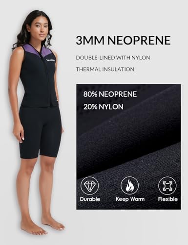 Lemorecn Wetsuit Top Women, 3mm Sleeveless Neoprene Wet Suit Tops Jacket Front Zip Diving Vest for Water Sports