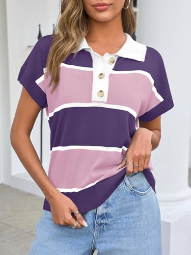Image of Saodimallsu Women's V Neck Button Down Striped Short Sleeve Knit Sweater