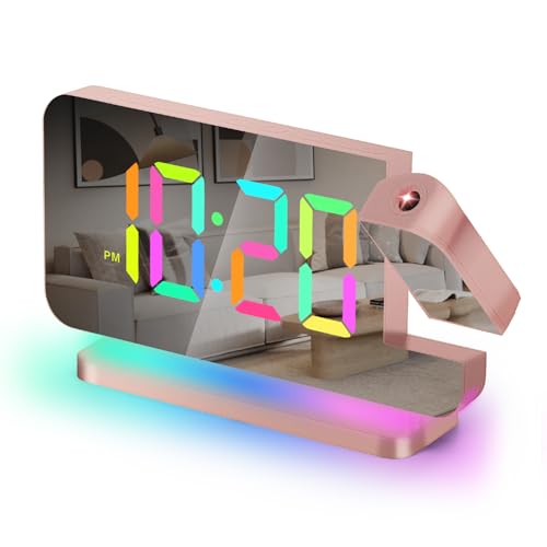 Projektionswecker 7 4 LED-Spiegel-Digitaluhren Großes Display 180Projektor RGB-Nachtlicht USB-C-Anschluss automatischem Dimmer Tischuhr für Schlafzimmer mit tiefem Schlaf Teenager Erwachsene Mädchen