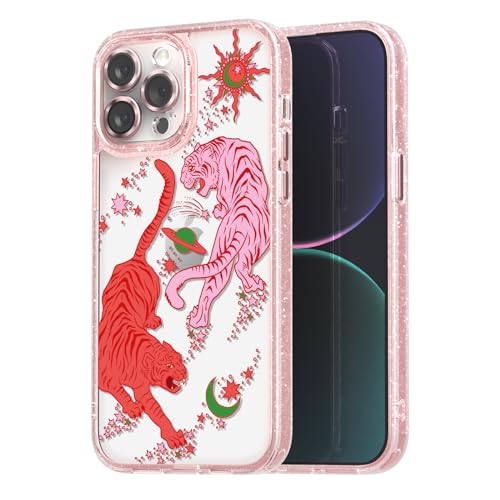 Coque iPhone 13 Pro Max anti-choc rose pailletée avec protège-objectif tigre