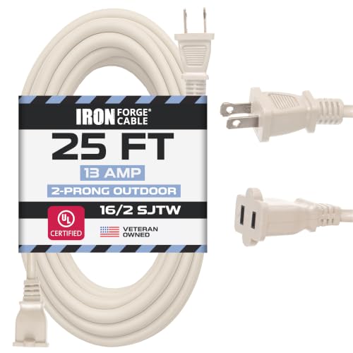 Iron Forge Cable 2 Prong Extension Cord 25 ft - 16 Gauge 13 Amp Heavy Duty Outdoor 2 Prong Power Cord - SJTW - Great for Landscaping Deck Outdoor Lights - Tan