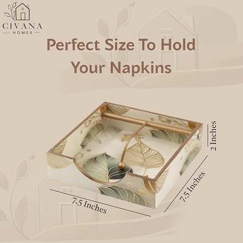 Image of Wooden Napkin Holder with Gold Engraving | Pack of 1 | Size : 7.5 x 7.5 inch | Enamel Coated Waterproof | Tissue Holder for Dining Table | White Leaf Napkin Holder