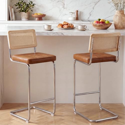 Image of Zesthouse Natural Rattan Bar Stools Set of 2, Modern Boho Bar Height Stools