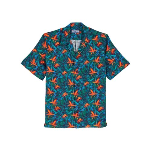 Vilebrequin, Men Linen Bowling Shirt Tropical Flowers, M, Navy