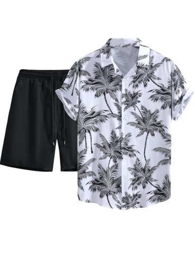 Image of Yimoon Men's Summer 2 Piece Outfits Tropical Print Short Sleeve Button Down Hawaiian Beach Shirt and Shorts Set