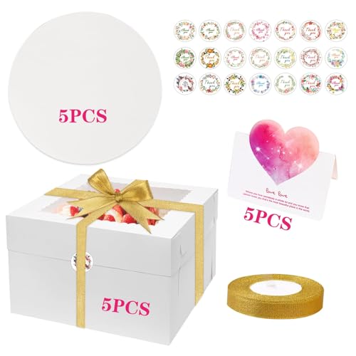 TOSUTO Pack de 5 Cajas para Tartas de Carton Blanco con Ventana de Plástico Transparente - 25,4 x 25,4 x 20,3 cm - Caja Reposteria con Bandeja de Cartón para Pasteles, Panecillos, Cumpleaños