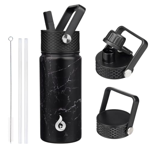 Image of BJPKPK Insulated Water Bottles with Straw Lid, 18oz Stainless Steel Metal Water Bottle, Cold Hot Thermo with 3 Lids, Leak Proof BPA Free Travel Cup, Wide Mouth Flasks, Thermo -Midnight