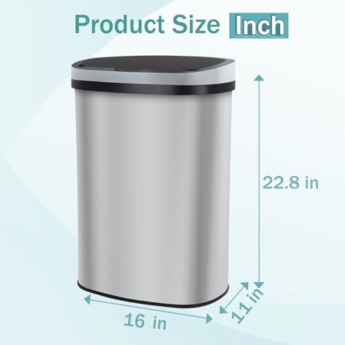 13 Gallon Kitchen Garbage Can 50L Stainless Steel Trash Can Garbage Bin Suitable Beautiful Garbage Can with Lid Sensor Trash Bin Garbage Bin with Lid Automatic for Office Bedroom Living Room, SS
