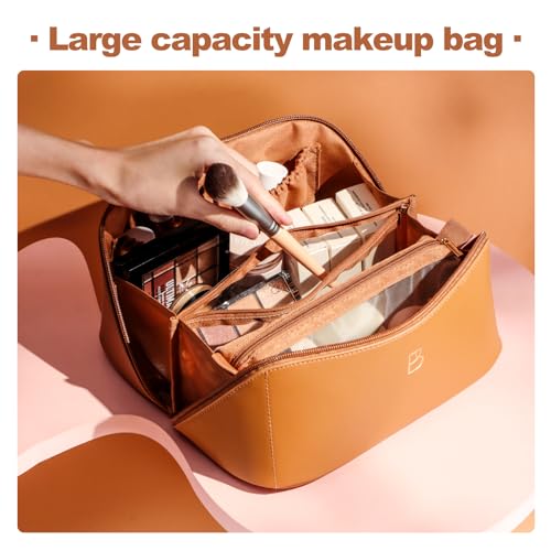 BS-MALL Travel Makeup Bag – Portable Large Capacity Toiletry Bag Perfect for Organizing Travel Size Toiletries, Flat Opening for Easy Access with 1 Makeup Brush & Zipper Bag2