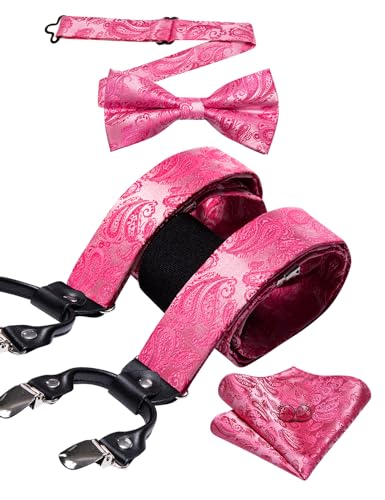 Image of YOHOWA Men Suspenders 6 Clips Strength Adjustable Y Braces Pre-Tied Bow Tie Set Formal Wedding Party