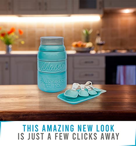 Vintage Mason Jar Ceramic Kitchenware Set By Comfify - Multi-Piece Kitchen Ceramic Décor Set W/ 4 Measuring Cups, 4 Measuring Spoons And Spoon Rest - Attractive Vintage Style, In Aqua Blue /Teal #TOP5