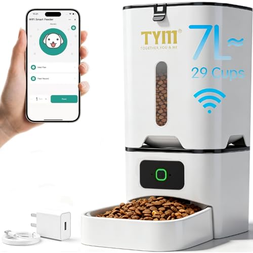 TYM Automatic Cat Feeder, 7L WiFi Cat Food Dispenser with Smart APP Control, Timed Auto Dog Feeder for Small Pets, Programmable Timer, Dual Power Supply, Detachable for Easy Cleaning