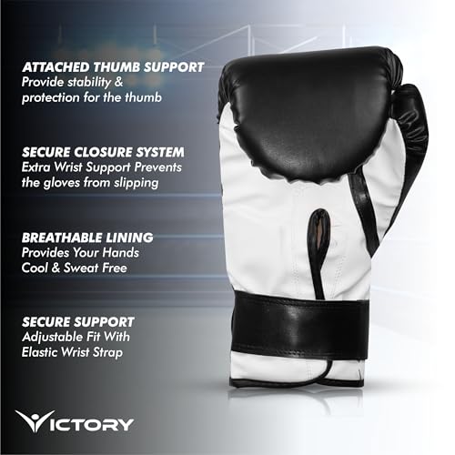 Image of VICTORY Boxing Gloves for Men & Women with Moulded Foam Padding Gloves for Boxing, Training, Kickboxing, Muay Thai, MMA, Durable Pu Material Punching Gloves (Black /White, 10-12 Oz)