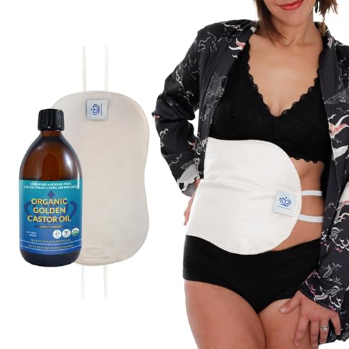 Image of QUEEN OF THE THRONES Castor Oil Pack for Liver Kit - Heatless, Less-Mess, Reusable - Organic Cotton Flannel, Comfort Fit, Soft Straps & Naturopathic Doctor Designed (16.9 oz Castor Oil Included)