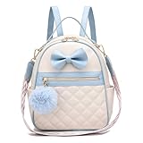 I IHAYNER Cute Small Backpack Purse with Bow Mini Backpack Fashion Vegan Leather Pompom Backpack Shoulder Bag for Girs Blue