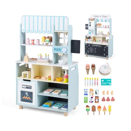 HONEY JOY Kids Ice Cream Shop, Wooden Grocery Store with 27 Accessories, Ice Cream Machine, Coffee Machine, Credit Card Machine & Oven, Pretend Play Stand, Toy for Boys & Girls Aged 3+ (Blue)