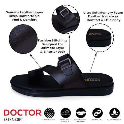 Image of DOCTOR EXTRA SOFT Men's Classic Casual Original Leather Thong Black /Brown Sandals /Chappals with Memory Foam Cushion| Stylish & Non-Slip|Comfortable | Lightweight |Flip flops Slippers Gents & Boys F-1
