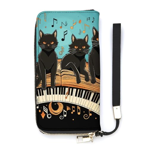 Portefeuille long chat noir piano blanc pour homme femme avec fentes cartes portefeuille fin