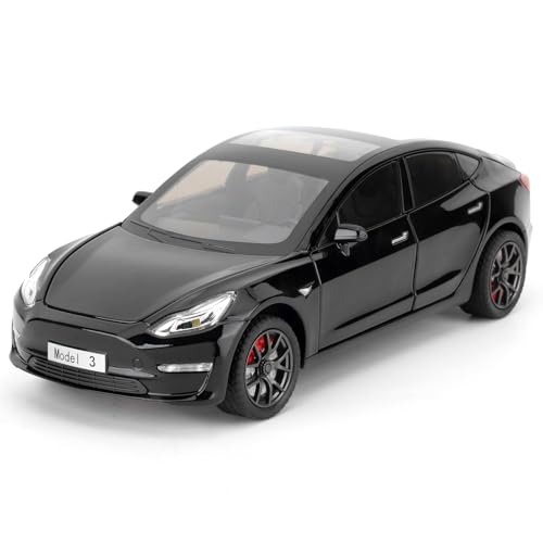 imtfzct Tesla Model 3 Spielzeugauto, 1/24 Gusslegierung Modellauto mit Sound und Lichtfunktion und Pullback Funktion, kann die Tür öffnen Design, Sammlermodell Auto, Geschenk für Kinder(schwarz)