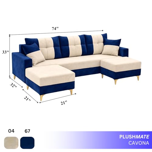 Image of Cavishq 5 Seater L Shape Sofa Set with 2 Movable Ottomans | Flexible Layout | Luxury Velvet Suede Fabric | Modern Living Room Sofa | Dark Blue-Cream