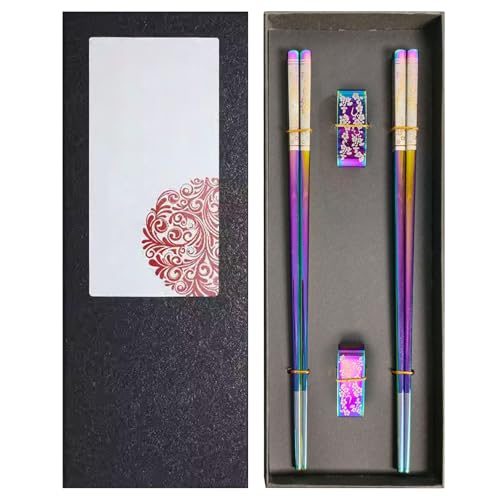 Guador 2 paia di bacchette in acciaio inox, lavabili in lavastoviglie, con supporto chopsticks, bastoncini arcobaleno, per mangiare, sushi, bacchette cinesi, in acciaio inox