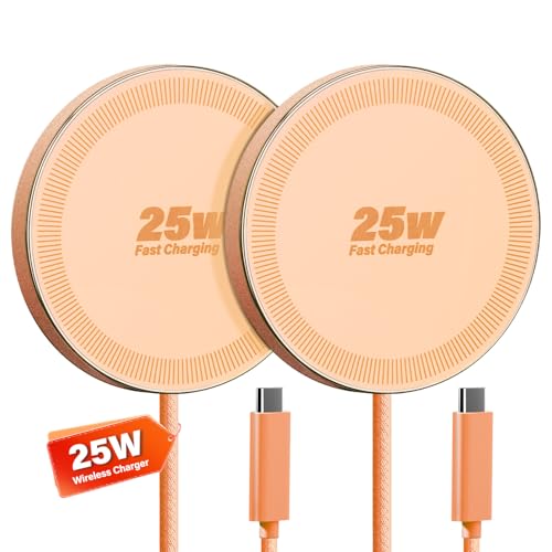 Image of 25W Wireless Charger for MagSafe, Magnetic Fast Charging Pad for iPhone 17 /16 /15 /14 /13 /12 Series & AirPods, Strong Magnet, Thin & Portable Wireless Charger for Travel Home Office (Orange, 2Pack)