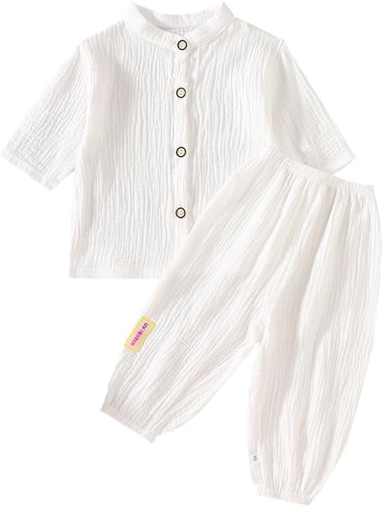 Baby Boys Girls 2Pcs Linen Clothes Set Button-down Long Tops+Elastic Cotton Gauze Long Pants