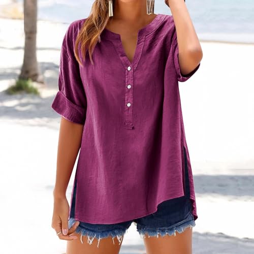Linen Tops for Women Summer Work Tops Trendy Button Down Plus Size V Neck Boho Clothes Spring Tops for Women 20253