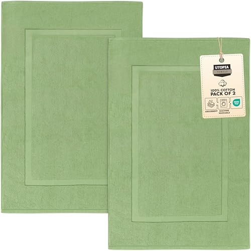 Utopia Towels Cotton Banded Rug, Bath Mats, Not a Bathroom Rug, 21 by 34 Inches, 100% Ring Spun Cotton, Highly Absorbent Shower Bathroom Floor Mat, Sage Green, 2 Pack