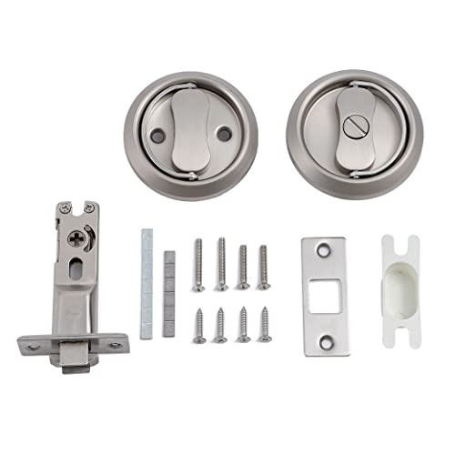 Naubea Pocket Door Lock, Satin Nickel Contemporary Privacy Round Pocket Door Hardware, 2 3/8"(60Mm) Backset, Sliding Pocket Door Lock For Bed/Bath/Barn, Black Pocket Door Latch With Pull Ring Handle #TOP6