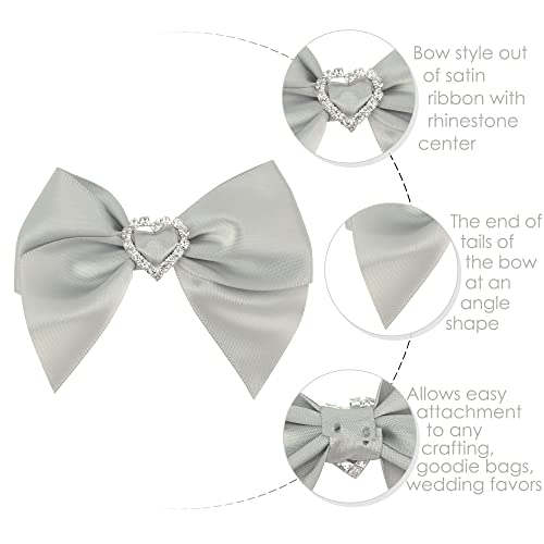 Aimudi Pre-Tied Silver Satin Bows With Rhinestone 3" Grey Ribbon Bows With Heart Diamante Bows For Gift Wrapping Small Bows For Crafts Wedding Embellishment Shower Party Favors - 12 Pcs #TOP1