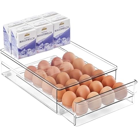 vacane 24 Egg Drawer for Fridge, Pull Out Egg Storage Container with Non-Slip Pads Refrigerator Organizer Bins Clear Egg Holder, Egg Tray-Bpa Free Egg Organizer Cover